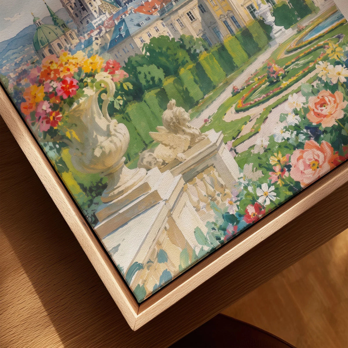 Vienna St Stephen's Cathedral and palace gardens watercolour art print framed canvas with float frame, close-up