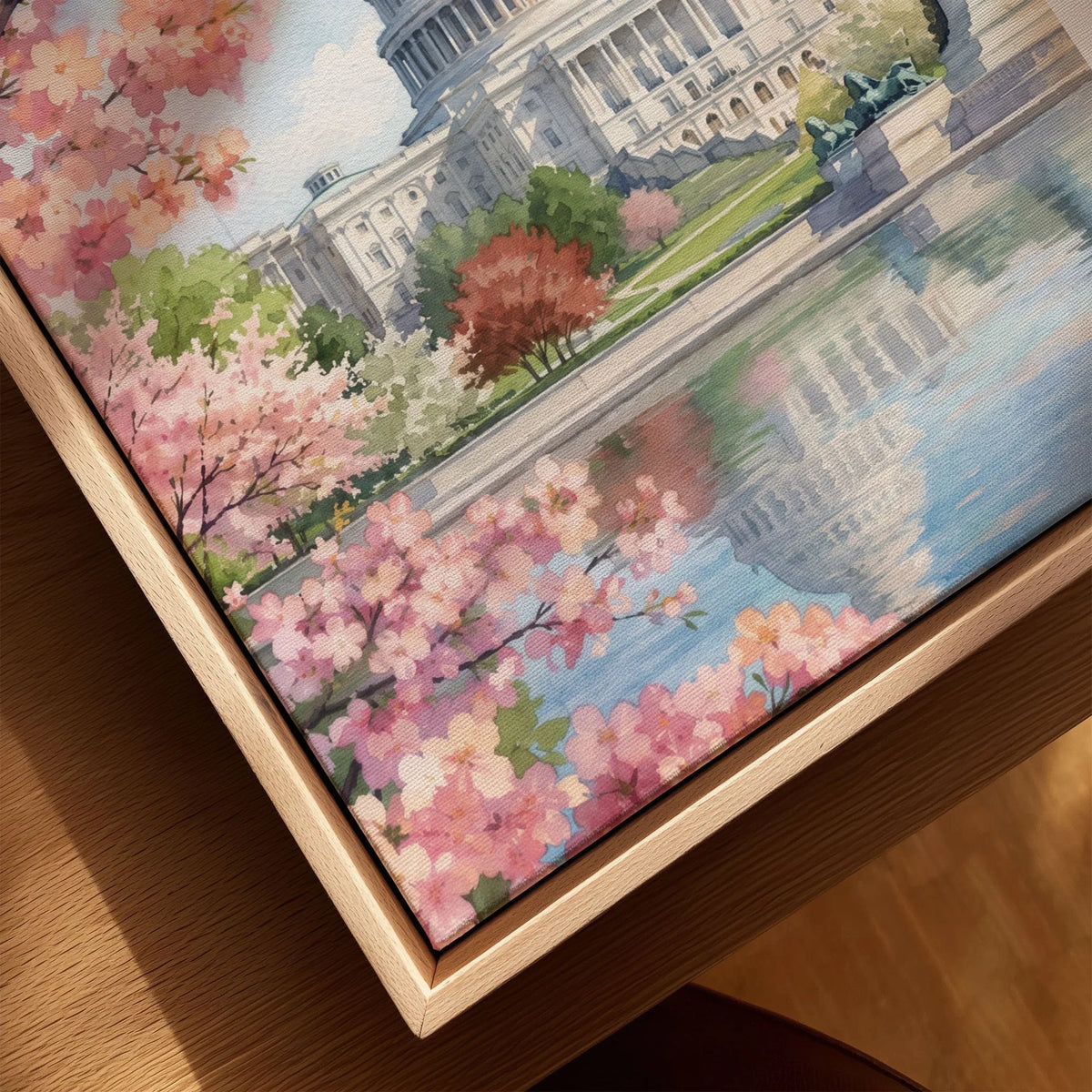 Washington DC US Capitol and cherry blossom watercolour art print framed canvas with float frame, close-up