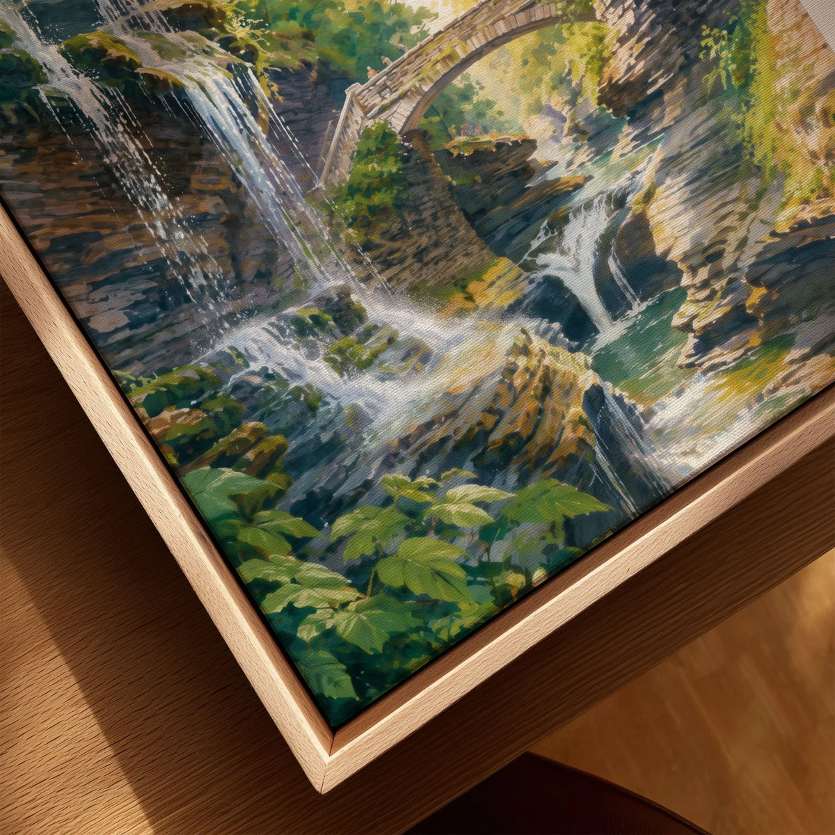 Watkins Glen State Park gorge waterfalls and stone bridge watercolour art print framed canvas with float frame, close-up