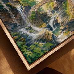Watkins Glen State Park gorge waterfalls and stone bridge watercolour art print framed canvas with float frame, close-up