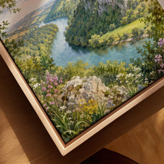 Wye Valley river and limestone cliffs watercolour art print framed canvas with float frame, close-up