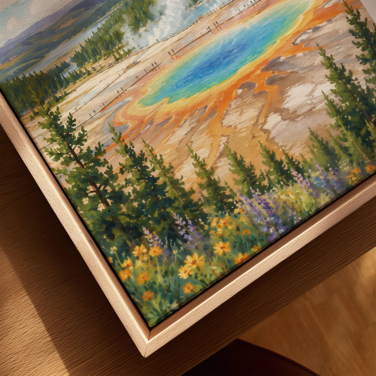 Yellowstone National Park Grand Prismatic Spring watercolour art print framed canvas with float frame, close-up