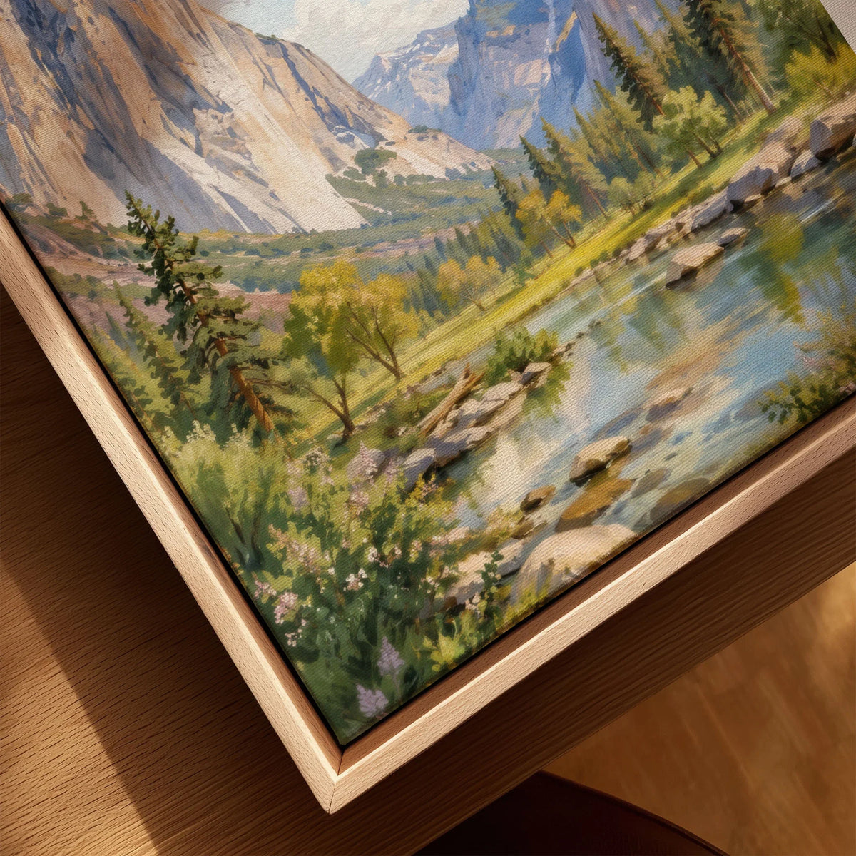 Yosemite National Park El Capitan and Half Dome watercolour art print framed canvas with float frame, close-up