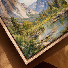 Yosemite National Park El Capitan and Half Dome watercolour art print framed canvas with float frame, close-up