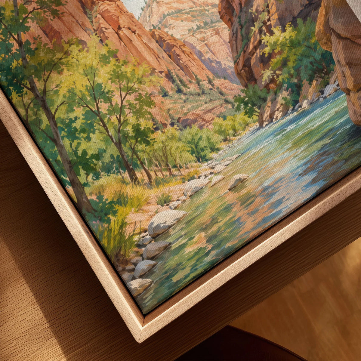 Zion National Park Virgin River canyon watercolour art print framed canvas with float frame, close-up