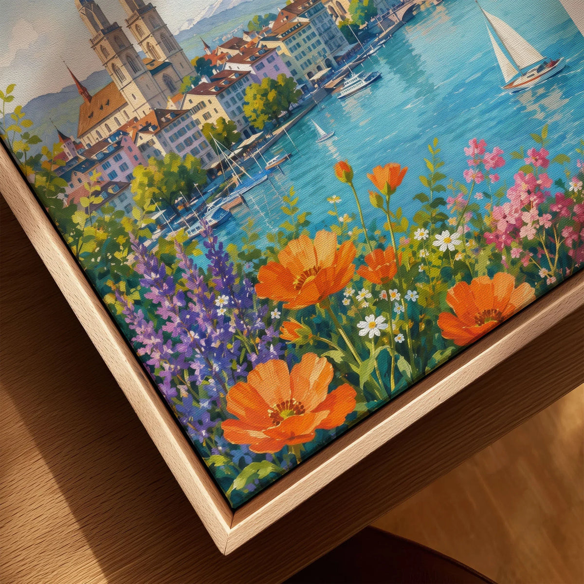 Zurich Grossmünster and the Limmat watercolour art print framed canvas with float frame, close-up