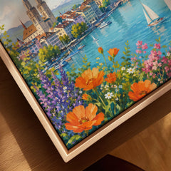 Zurich Grossmünster and the Limmat watercolour art print framed canvas with float frame, close-up