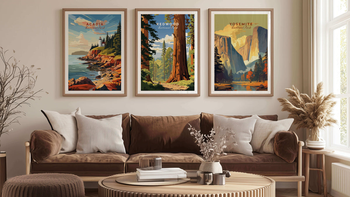 National Parks travel posters wall art in a modern living room with brown sofa.