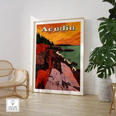 Acadia National Park travel poster print in modern room with chair and plant