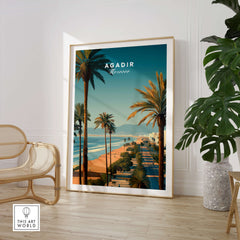 Agadir Travel Poster Print Morocco - Palm Trees showcasing a tropical landscape with palm trees and Mediterranean views.