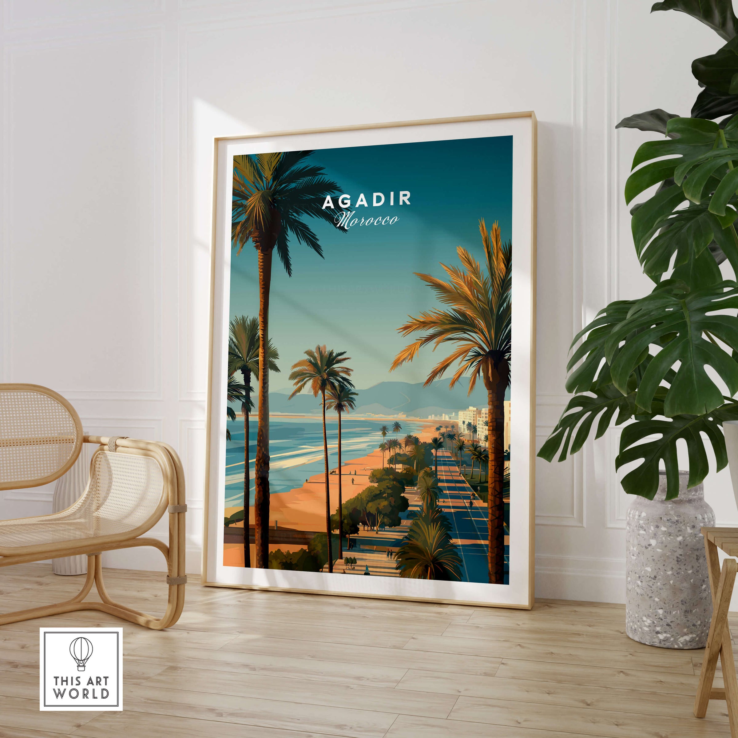 Agadir Travel Poster Print Morocco - Palm Trees showcasing a tropical landscape with palm trees and Mediterranean views.