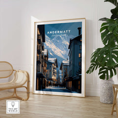 Andermatt Travel Poster – Swiss Alps Winter Village and Chalet Print showcasing a snowy village scene with chalets.