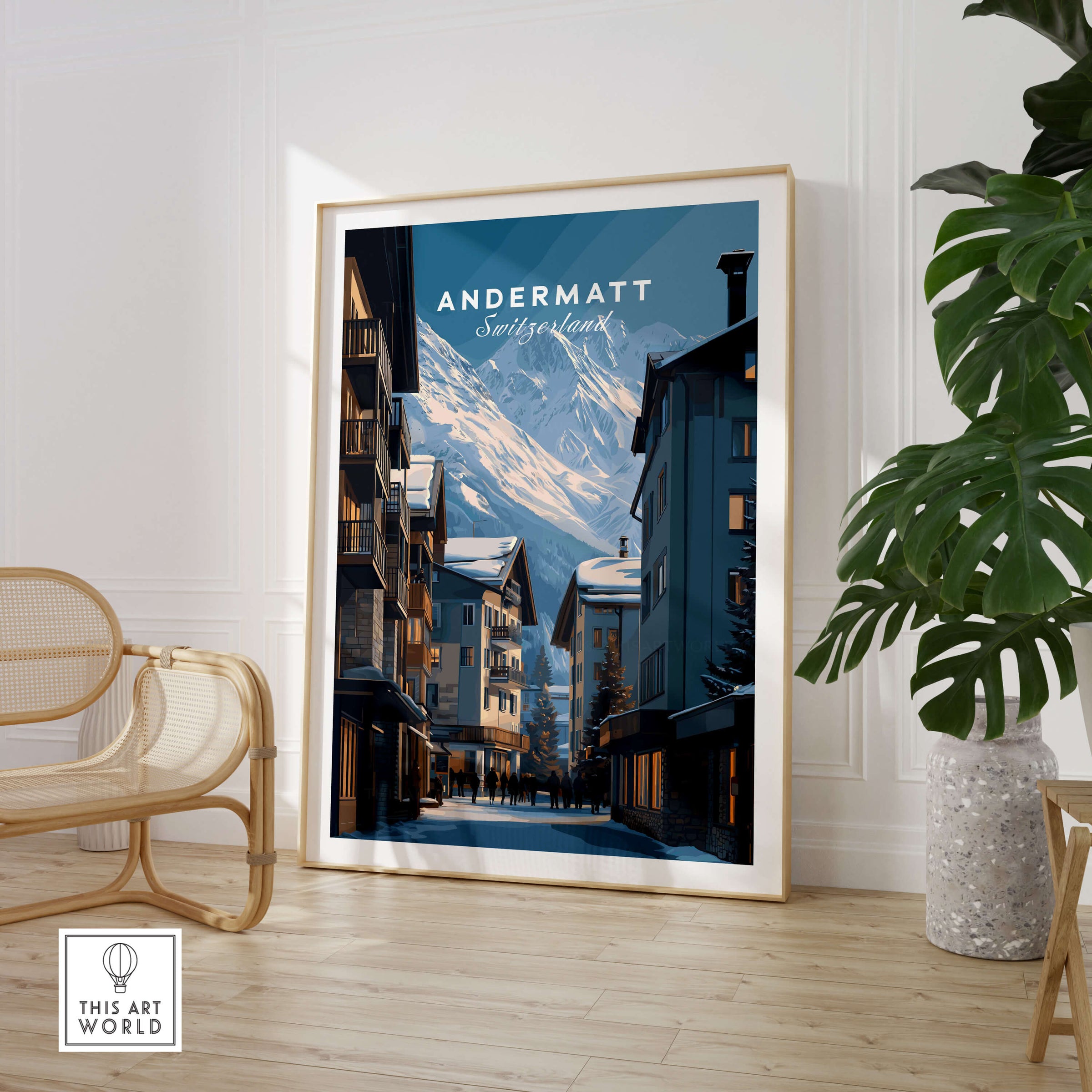 Andermatt Travel Poster – Swiss Alps Winter Village and Chalet Print showcasing a snowy village scene with chalets.