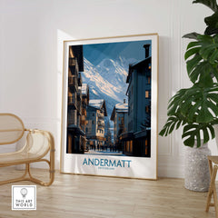 Andermatt Switzerland Wall Art Print displayed in a stylish room with mountain village scenery.