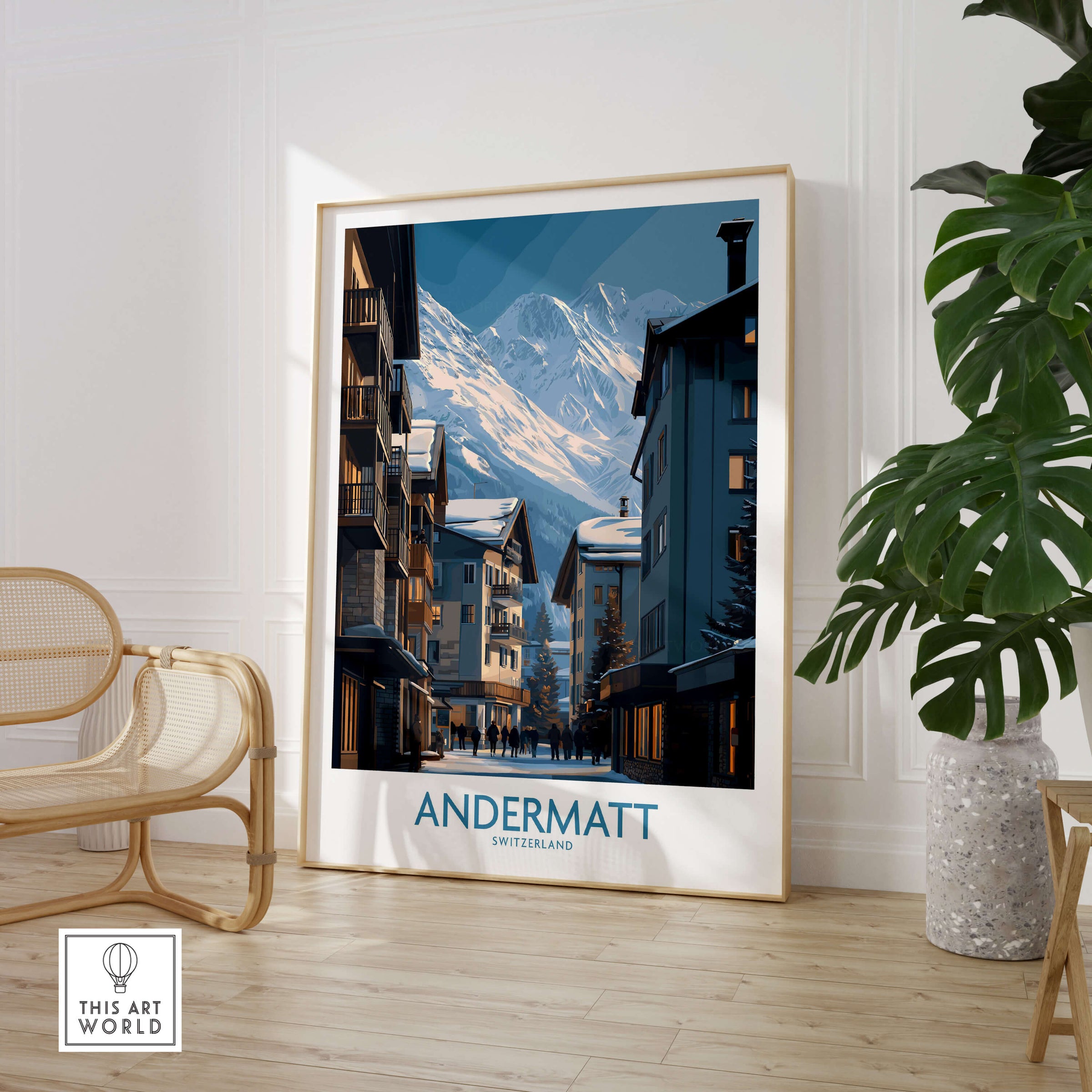 Andermatt Switzerland Wall Art Print displayed in a stylish room with mountain village scenery.