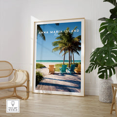 Anna Maria Island Florida travel poster framed, in modern room with chair and plant