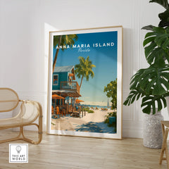 Anna Maria Island Florida travel poster framed, shown in modern room with chair and plant