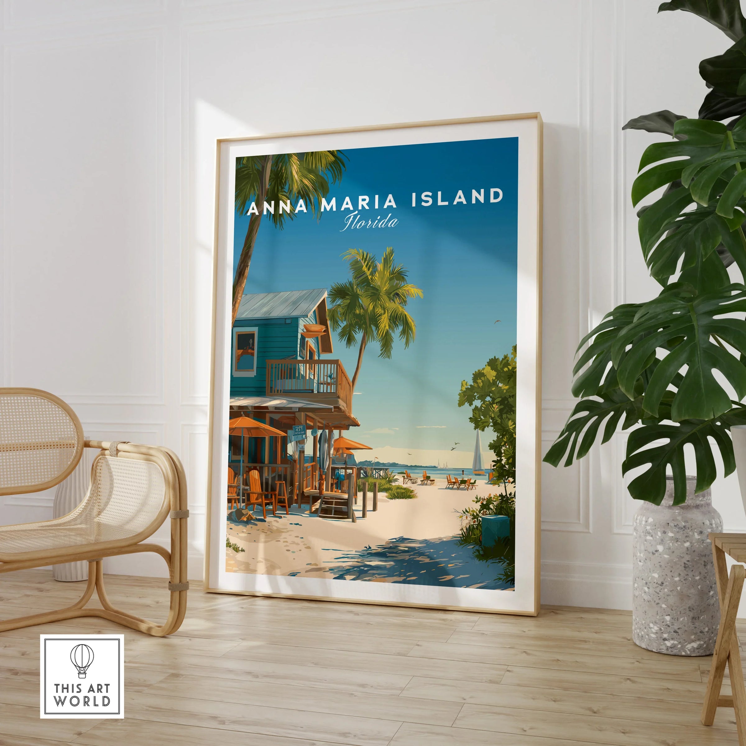 Anna Maria Island Florida travel poster framed, shown in modern room with chair and plant