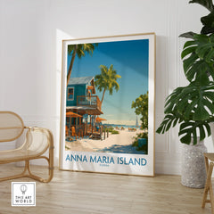 Anna Maria Island Florida travel poster print in modern room with chair and tropical plant