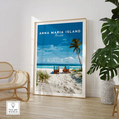 Anna Maria Island Florida travel poster framed, displayed in a modern room with plant and chair