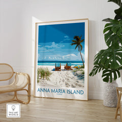 Anna Maria Island Florida beach travel poster framed in modern room with chair and plant