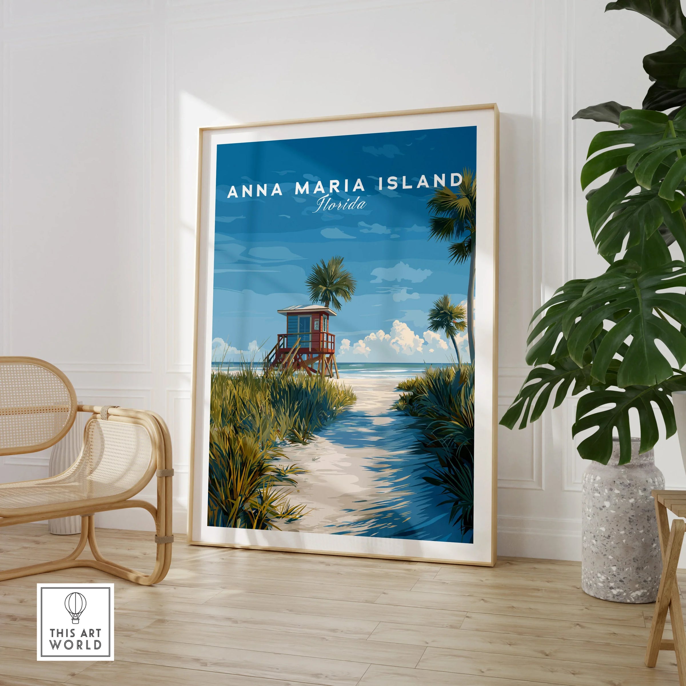 Anna Maria Island Florida travel poster framed, displayed in modern room with chair and plant