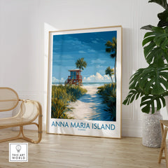 Anna Maria Island travel poster wall art in modern room with chair and plant
