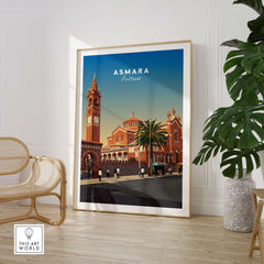 Asmara Travel Poster – Eritrea Cathedral and Bell Tower Art Print framed in a stylish interior setting.