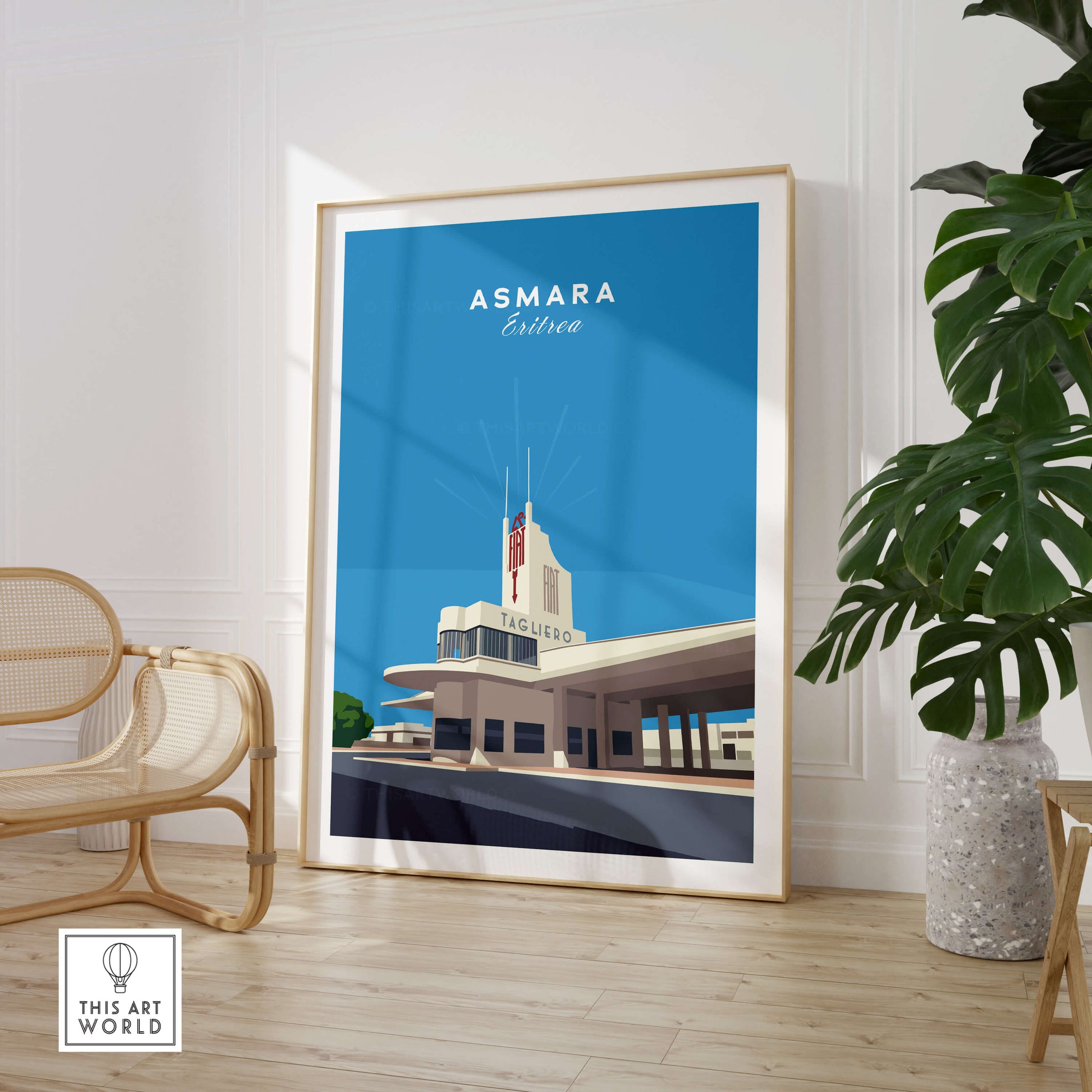 Asmara Travel Poster – Fiat Tagliero Futurist Architecture Art Print displayed in a modern interior setting.