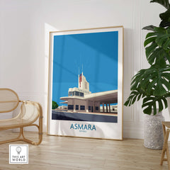 Asmara Eritrea Print – Fiat Tagliero Poster featuring the Art Deco building design in a modern interior setting.