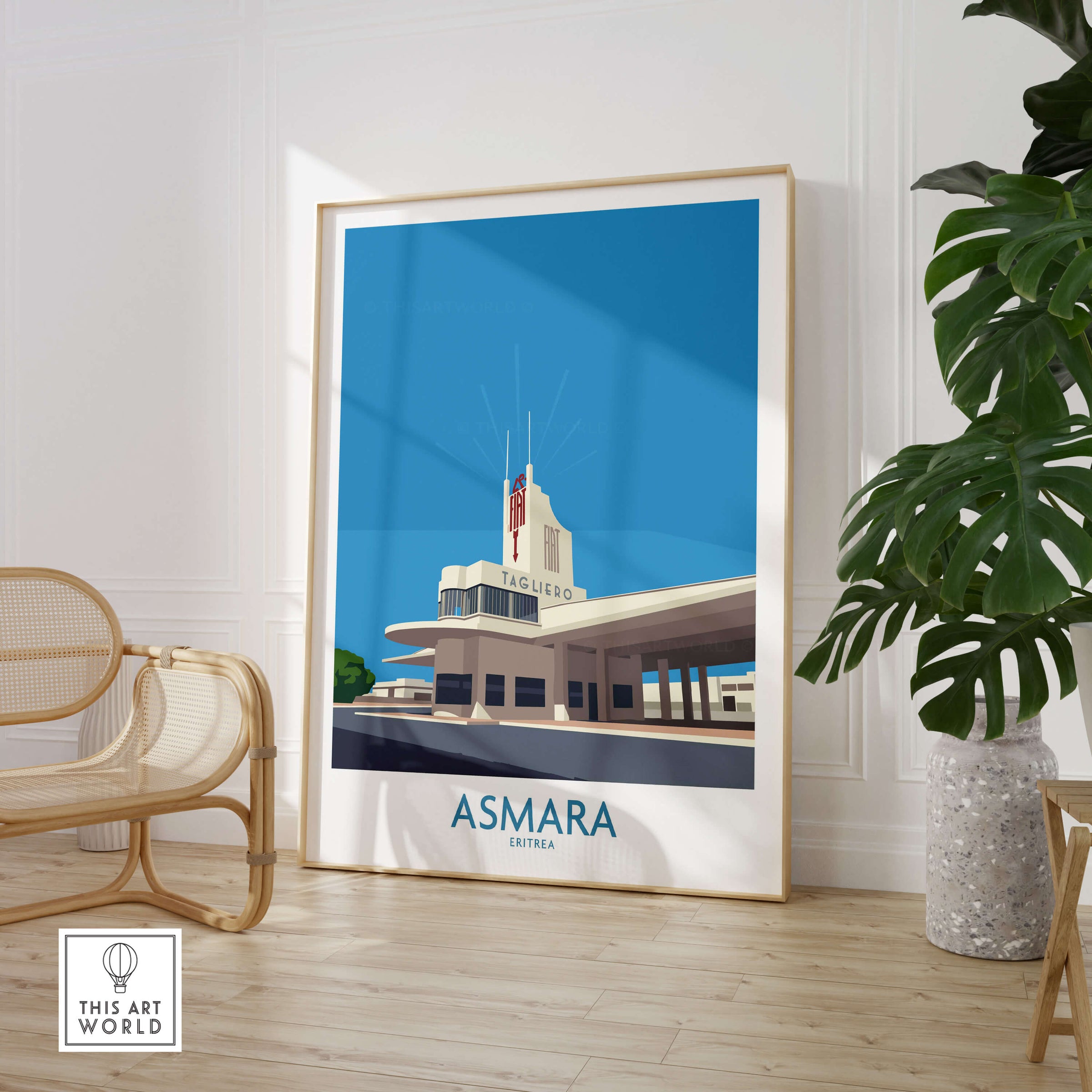 Asmara Eritrea Print – Fiat Tagliero Poster featuring the Art Deco building design in a modern interior setting.