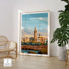 Asmara Travel Poster – Cityscape Skyline and Mountain Landscape Art Print featuring a scenic view of Asmara's skyline and mountains.