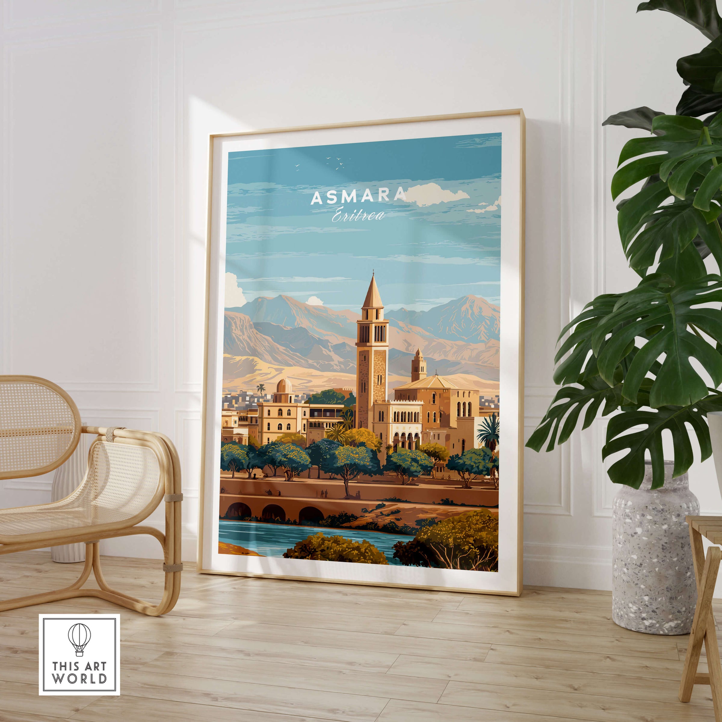Asmara Travel Poster – Cityscape Skyline and Mountain Landscape Art Print featuring a scenic view of Asmara's skyline and mountains.