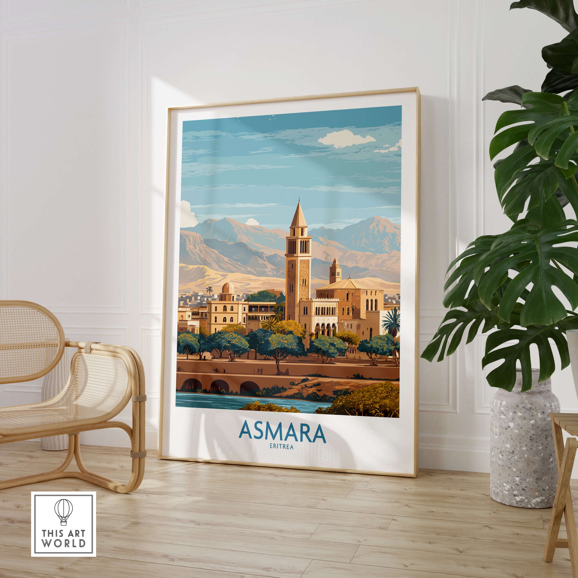 Asmara Eritrea Wall Art – Travel Poster displayed in a modern living room with a plant and stylish furniture.