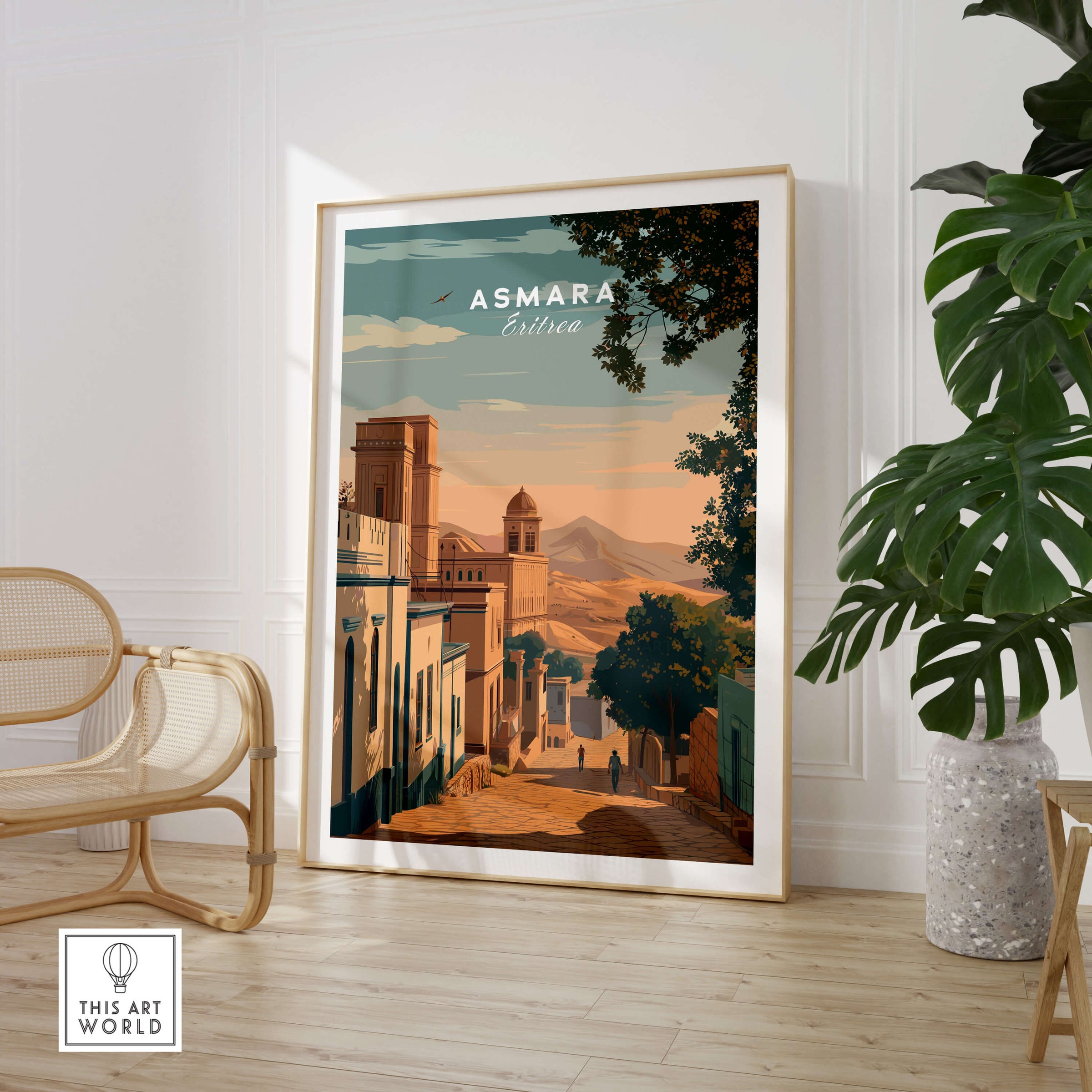 Asmara Travel Poster – Sunset Cityscape Art Print showcasing a vibrant cityscape with mountains and warm colors.
