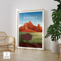 Badlands National Park travel poster art print with bison, framed in modern living room