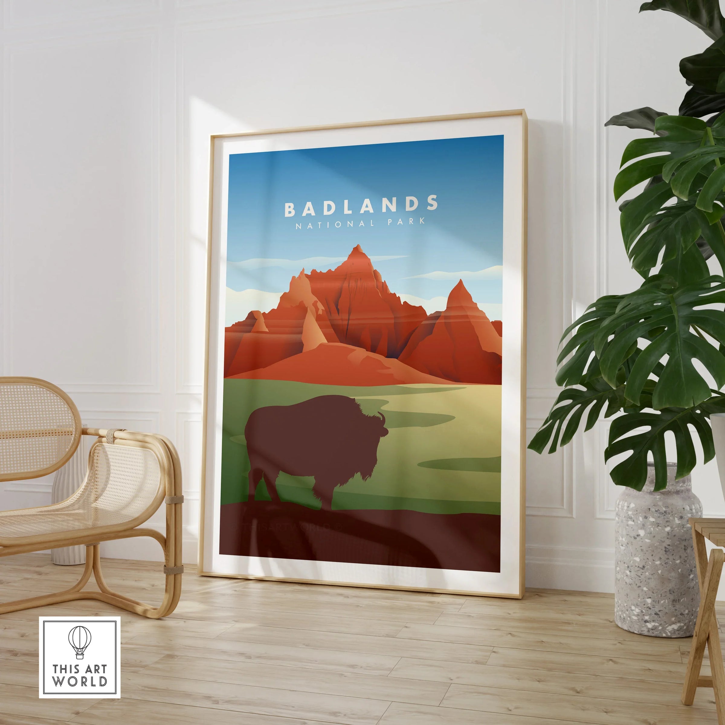 Badlands National Park travel poster art print with bison, framed in modern living room