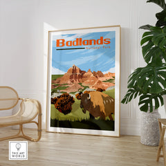 Framed Badlands National Park travel poster with bison, displayed in modern living room