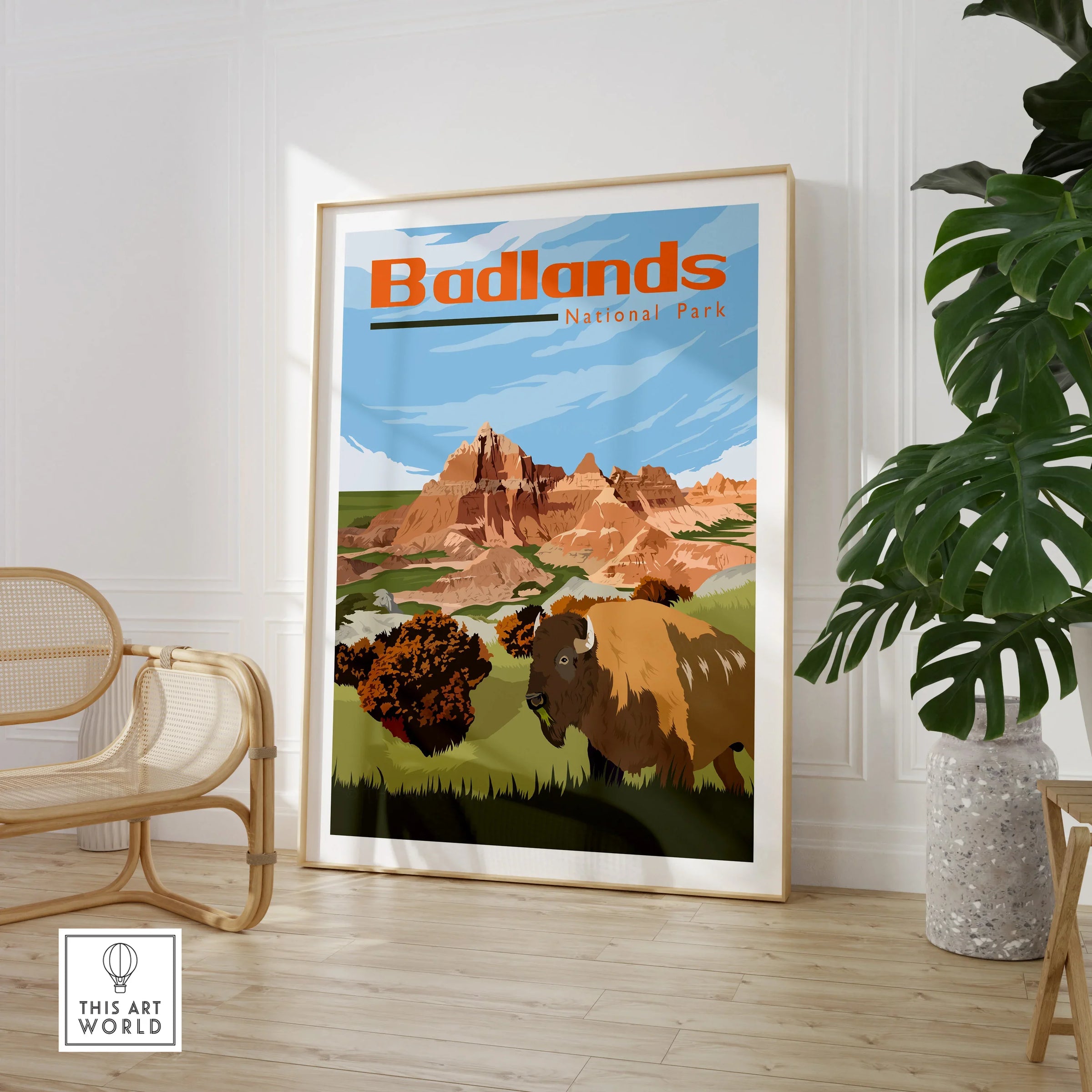 Framed Badlands National Park travel poster with bison, displayed in modern living room