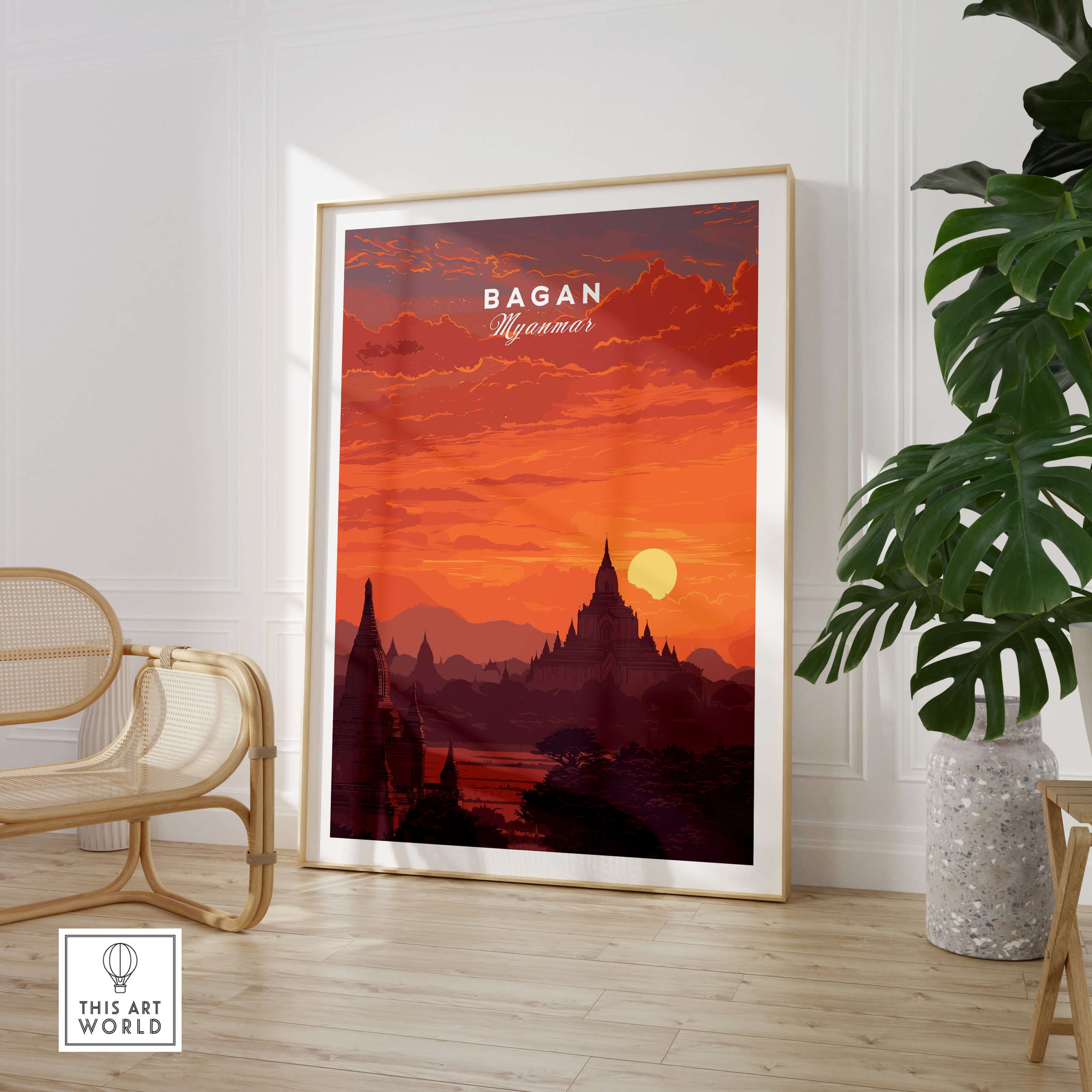 Bagan Travel Poster – Myanmar Ancient Temple Sunset Art featuring an orange sunset over ancient pagodas.