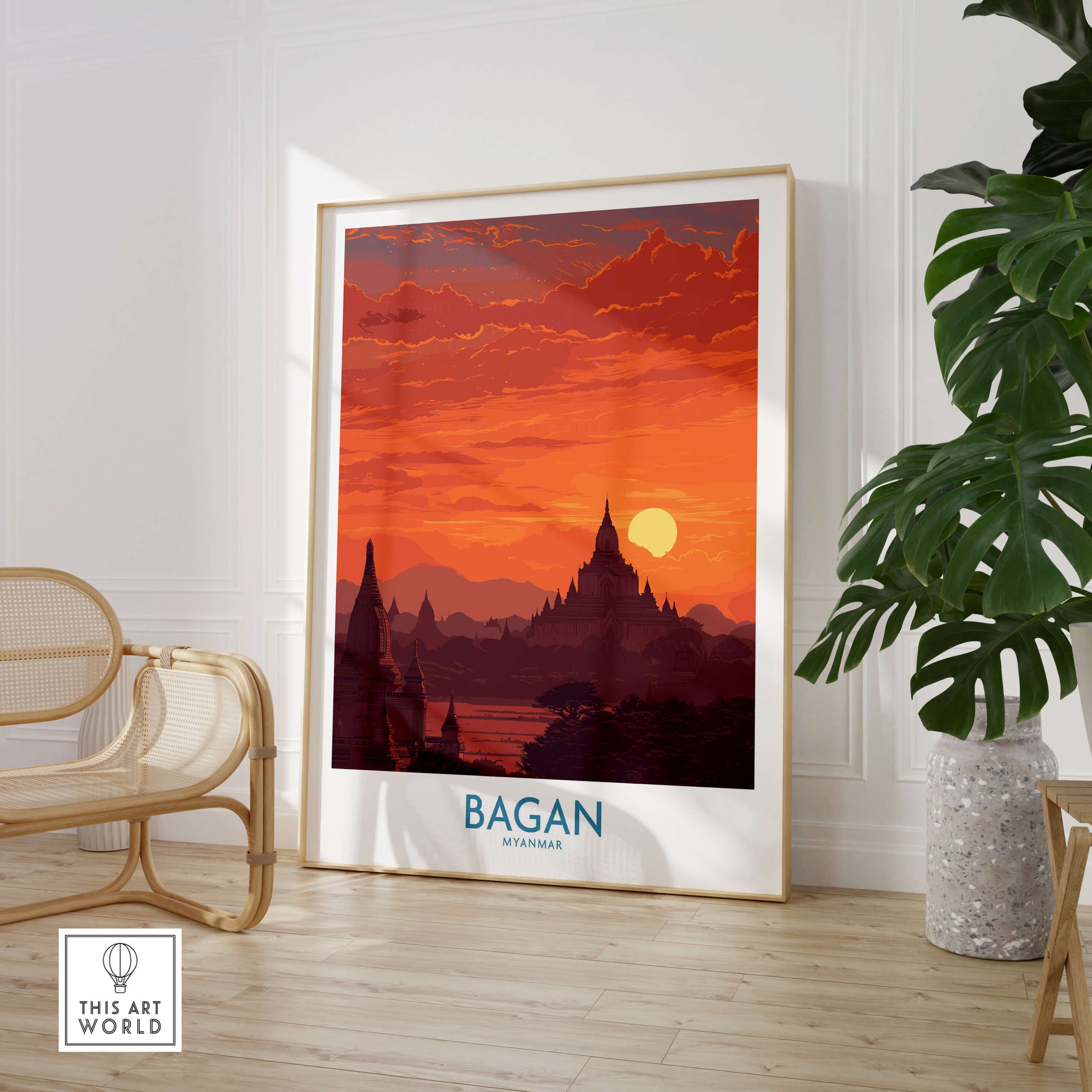Bagan Myanmar Wall Art – Buddhist Pagoda Skyline Canvas Print showcasing golden pagodas at sunset in a modern living room.