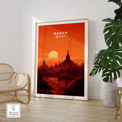 Bagan Travel Poster – Minimalist Temple Wall Art featuring serene sunset over pagodas.