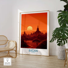 Bagan Myanmar Print – Traditional Pagoda Wall Art featuring a stunning sunset over Bagan's pagodas.