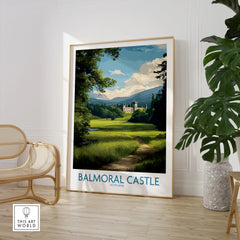 Framed Balmoral Castle travel poster in modern room with chair and indoor plant