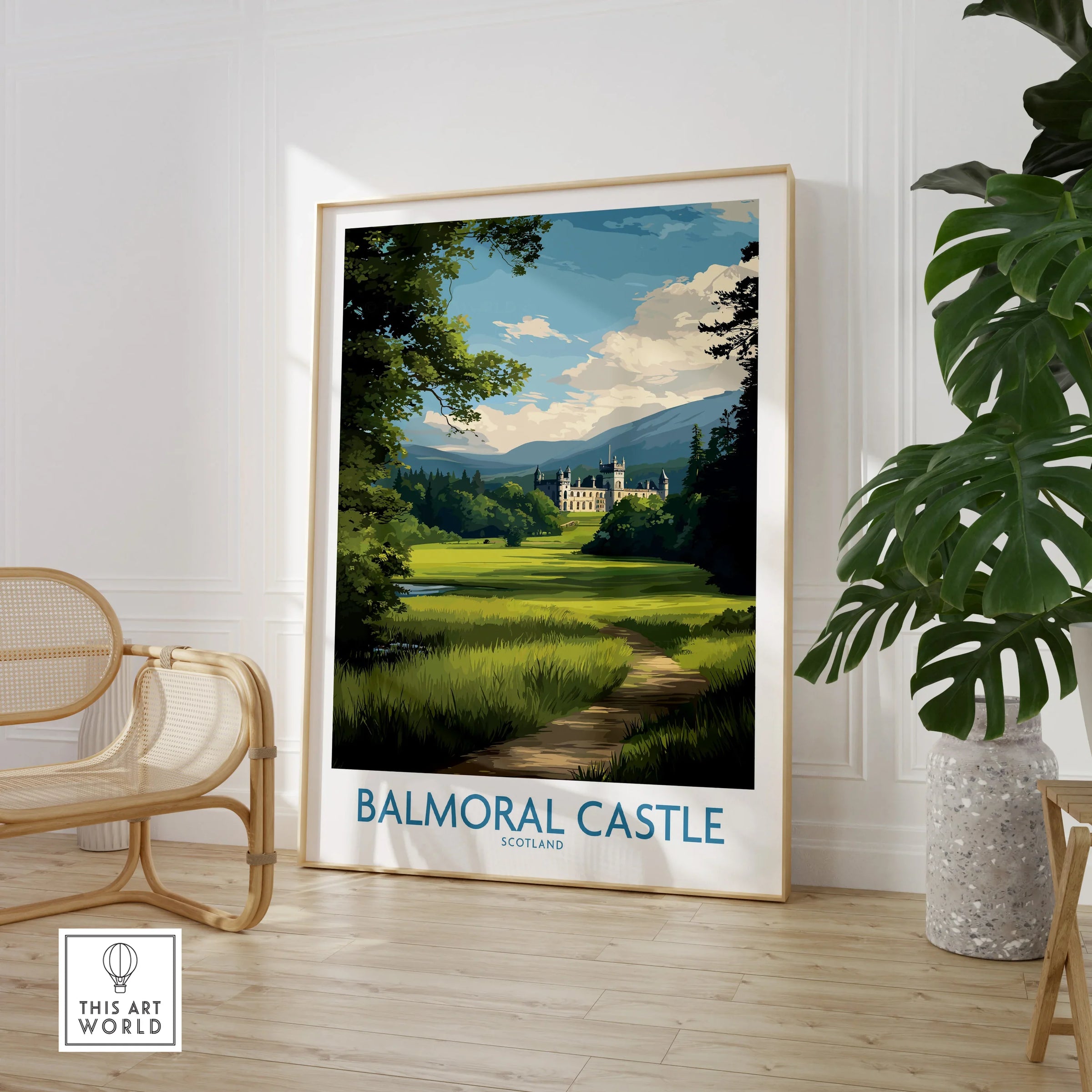 Framed Balmoral Castle travel poster in modern room with chair and indoor plant