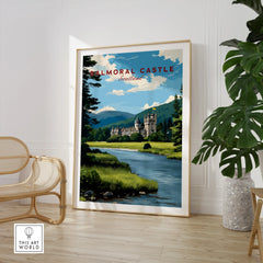 Framed Balmoral Castle travel poster print in modern room with chair and plant