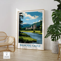 Framed Balmoral Castle travel poster with scenic landscape in modern living room setting.