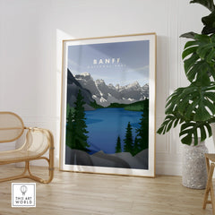 Framed Banff National Park print with lake and mountains in modern living room setting
