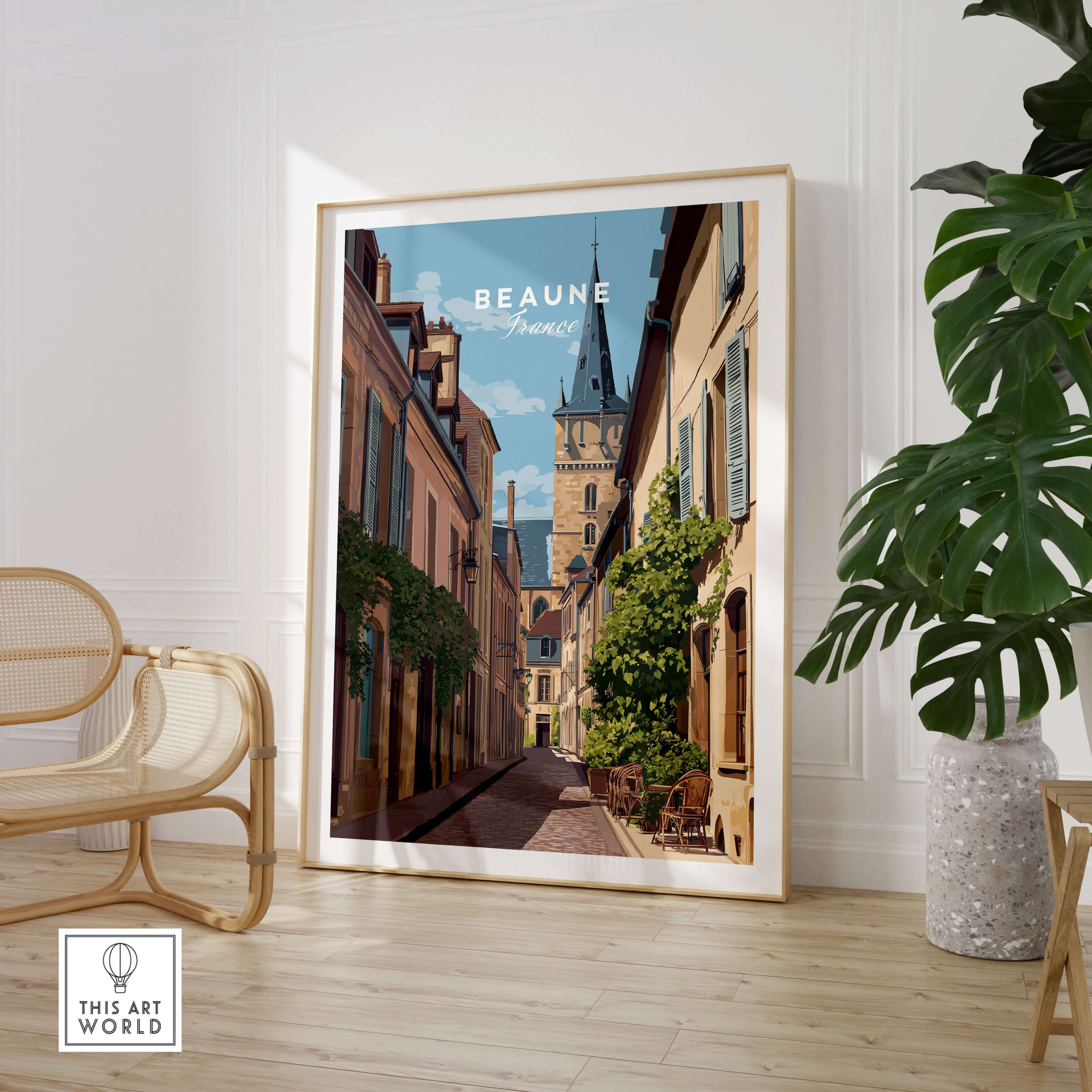 Beaune Travel Poster – Burgundy France Wall Art featuring charming streets and distinctive architecture.