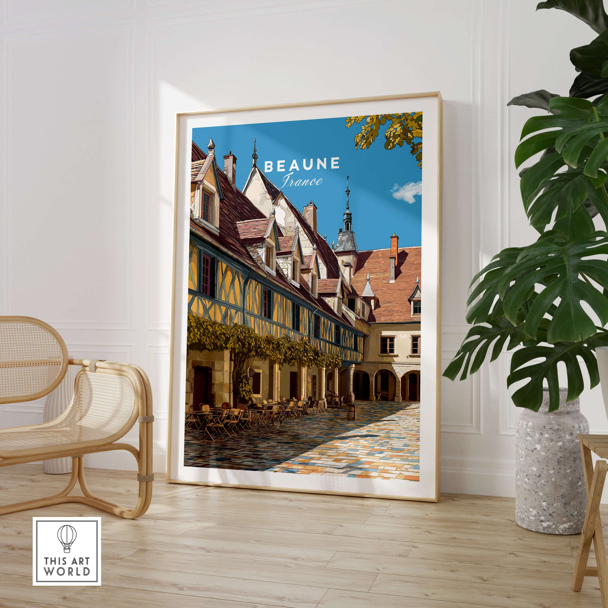 Beaune Travel Poster – Hospices de Beaune Architecture and Courtyard Art featuring the Gothic courtyard of Hospices de Beaune.